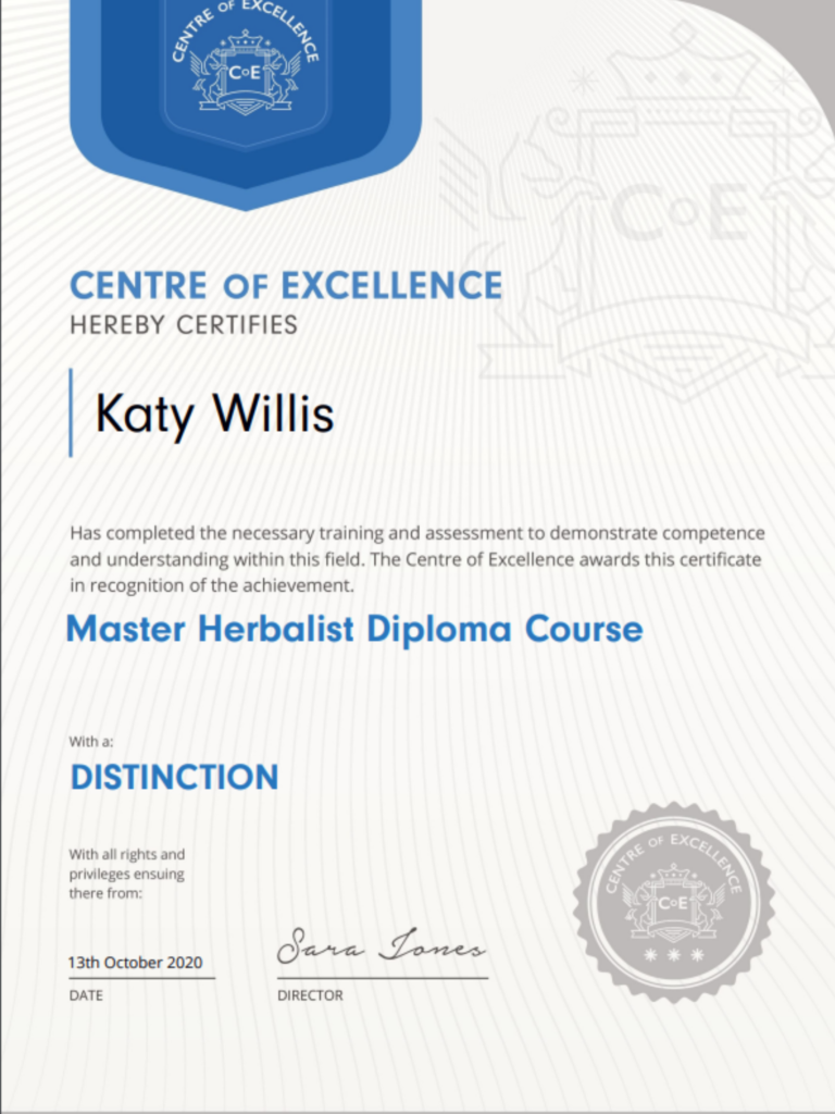 Katy Willis Master Herbalist Diploma