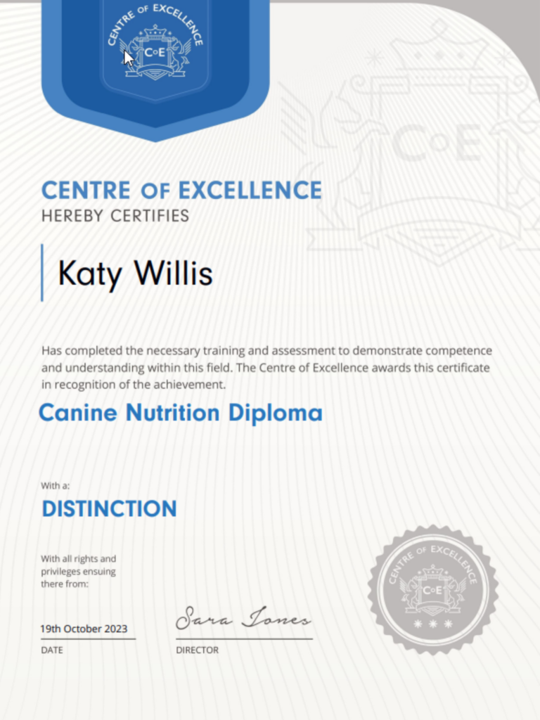 Katy Willis canine nutrition diploma